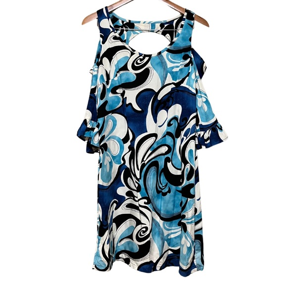 Mae Young Designs Hawaiian Aloha Print Cold Shoulder Bell Sleeve Dress Small - Picture 8 of 8